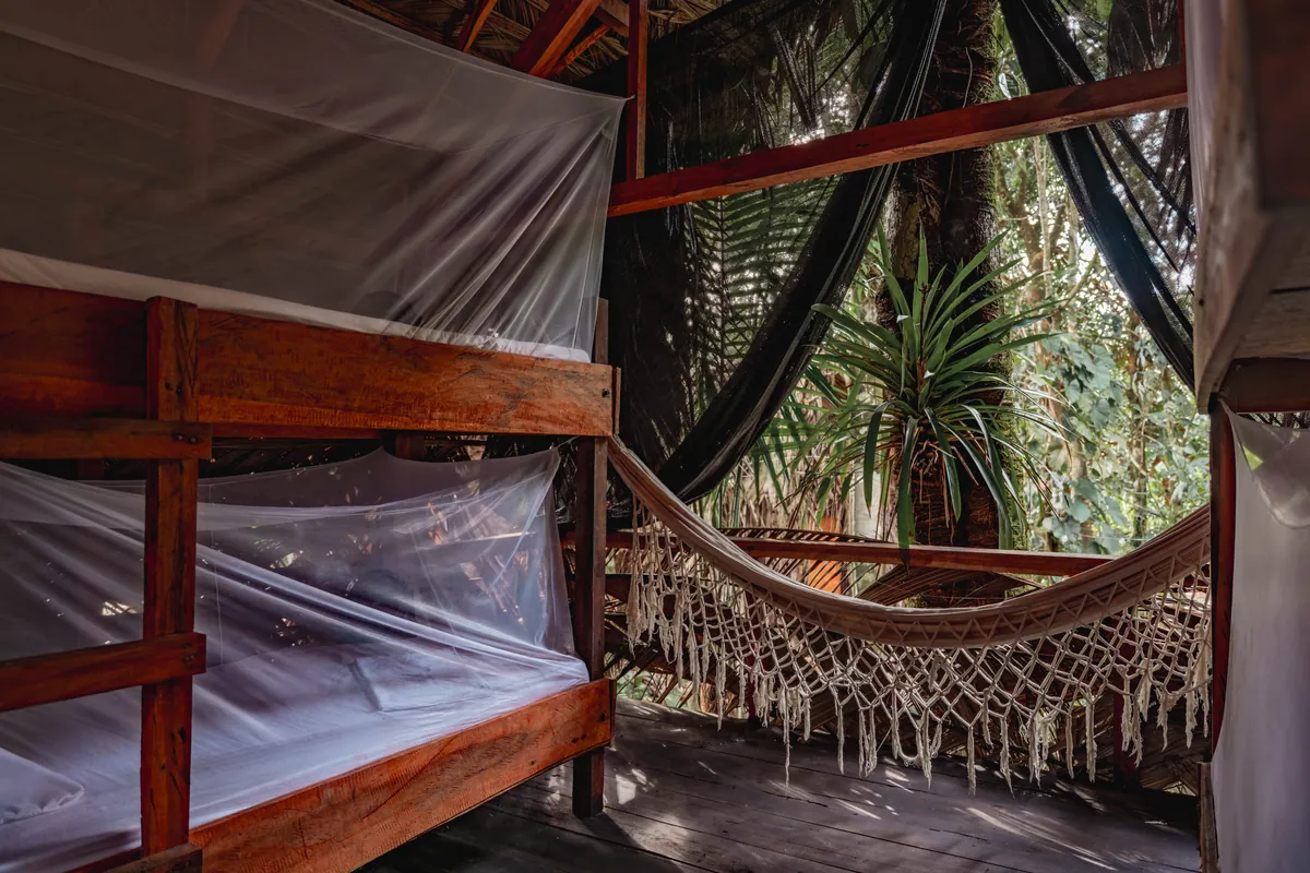 Literas con mosquitero y hamaca frente a la selva en el Glamping Clan y Manada